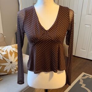 Trendy Brown w/ White Polka Dot Long Sheer Sleeve Top XS NWT